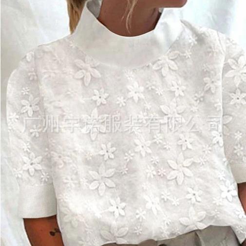 Women's cotton and linen collar short sleeved shirt