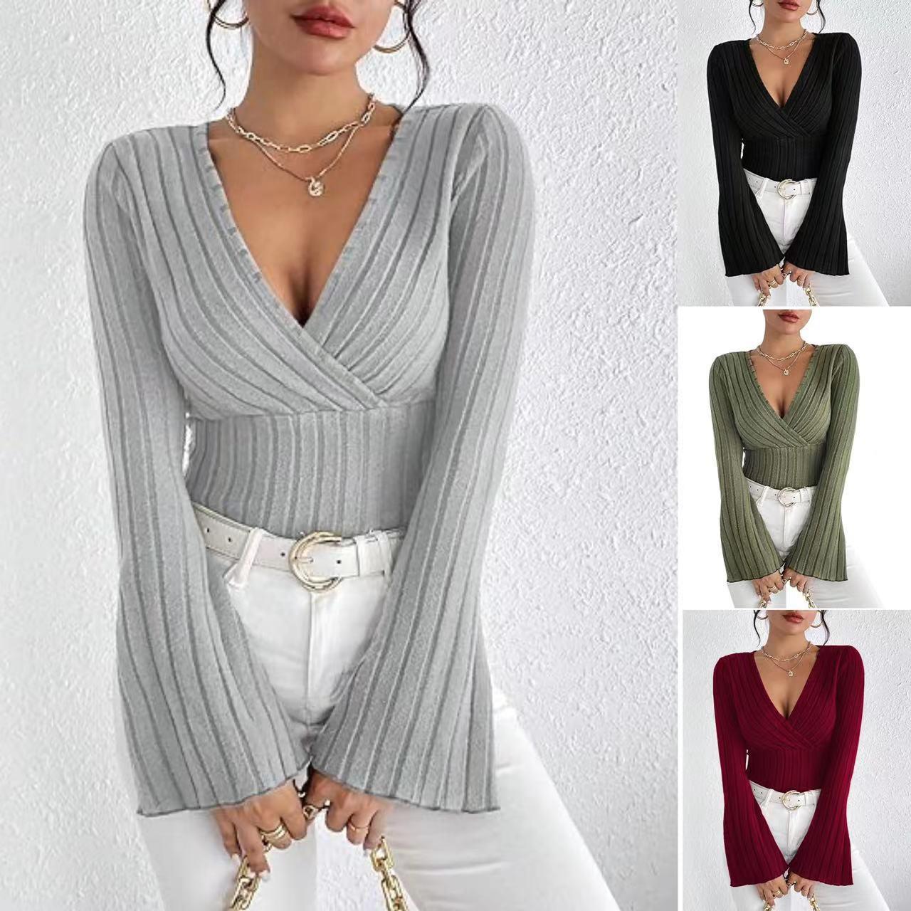 Women's Autumn Pit Striped Collar Long Sleeve T-shirt