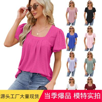 Women's hollowed out square neck short sleeved tailcoat