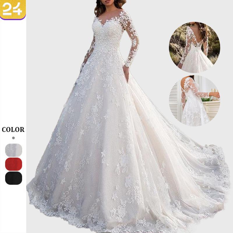 Women's long sleeved one shoulder bridal dress, formal