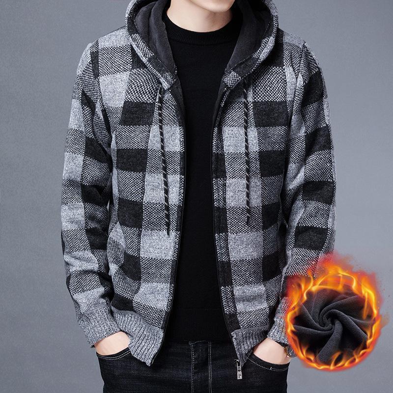 Men's thick cardigan knitted sweater warm hooded coat