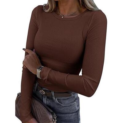 Women's long sleeved elastic round neck T-shirt top