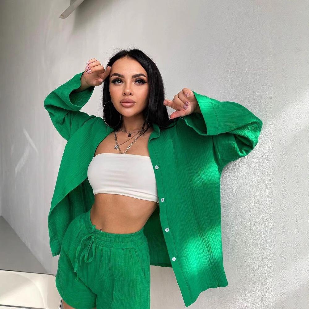 Long sleeved shirt shorts set for women 长袖衬衫短裤套装女