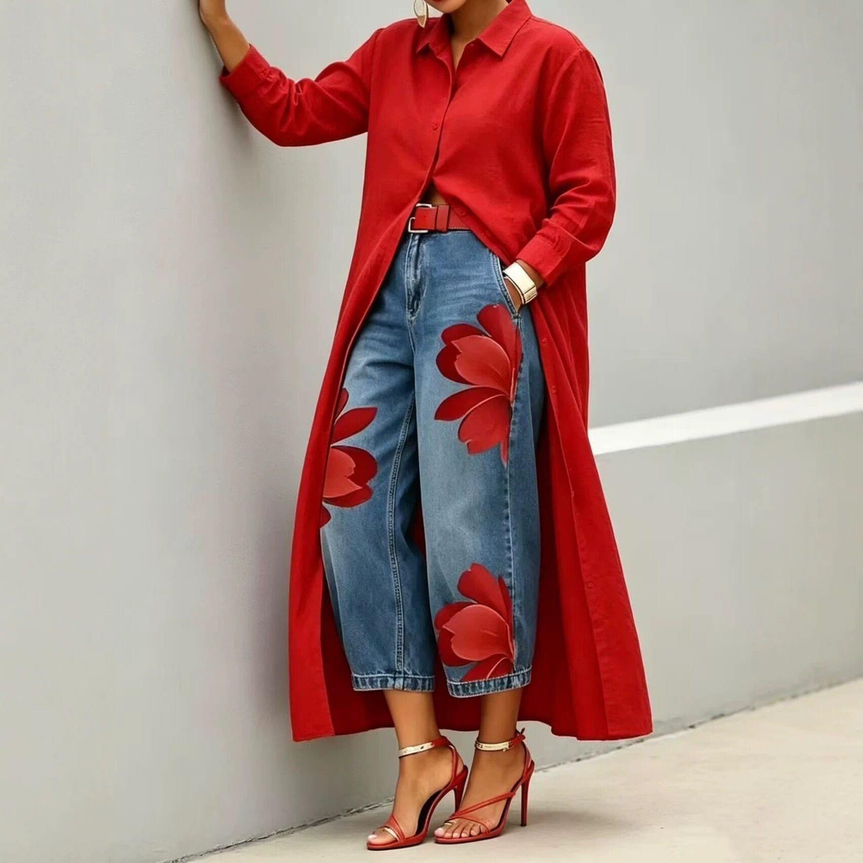Yellow long shirt jacket paired with floral denim wide leg - 实物图
