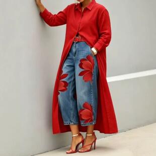 Yellow long shirt jacket paired with floral denim wide leg