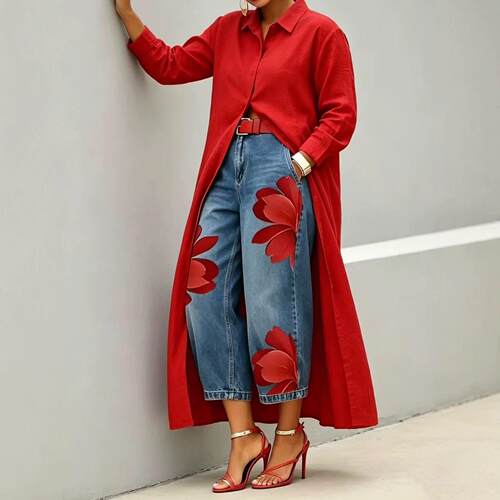Yellow long shirt jacket paired with floral denim wide leg