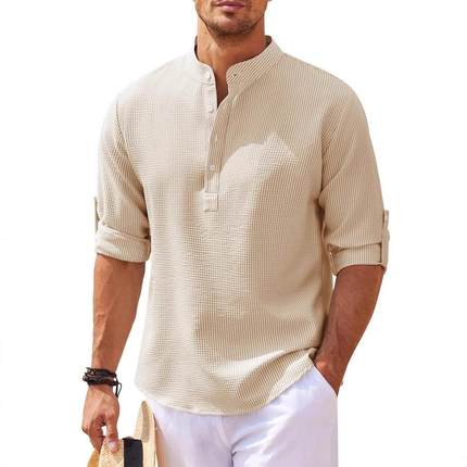 Men's shirt long sleeved stand up collar open button