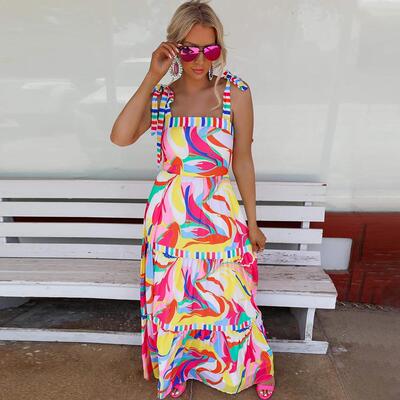 Printed camisole patchwork large swing dress