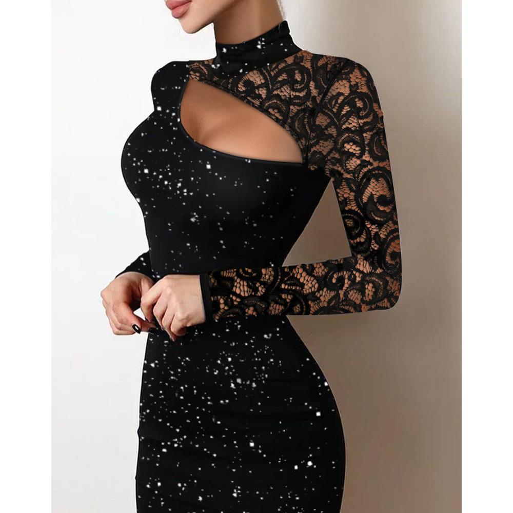 Lace hollowed out dress with sparkling highlights, knitted