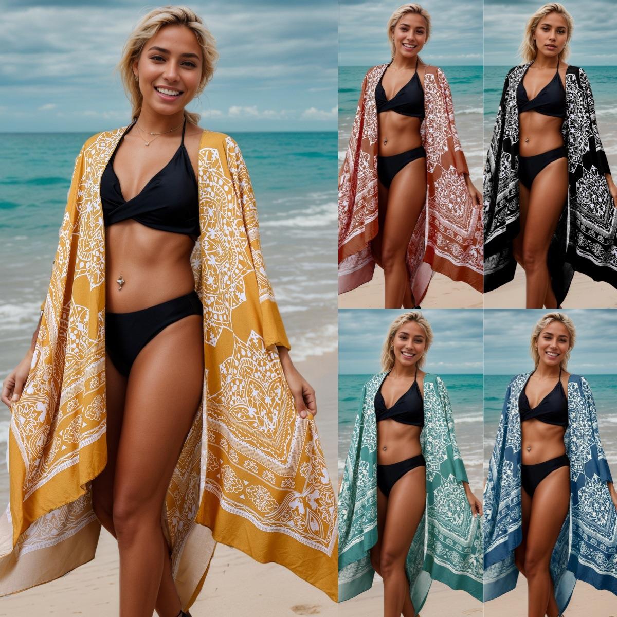 Printed kimono hoodie, beach cardigan jacket, women's Gini