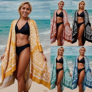 Printed kimono hoodie, beach cardigan jacket, women's Gini