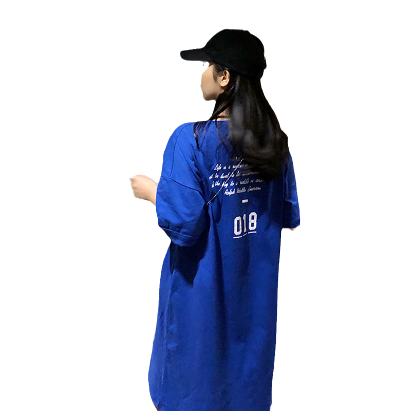 克莱因蓝纯棉短袖T恤连衣裙女夏季宽松懒人家居服孕妇外穿半袖裙