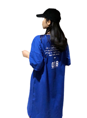 克莱因蓝纯棉短袖T恤连衣裙女