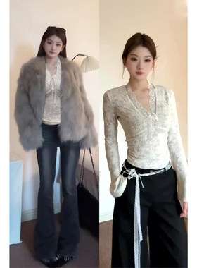 白色蕾丝打底衫女加绒秋冬穿搭纯欲皮草内搭修身V领绝美加厚上衣