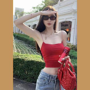 红色无袖背心与乳房垫的妇女夏季外套瘦身纯欲望热女孩短上衣