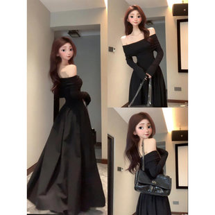 黑色一字肩连衣裙女秋冬长裙子毕业礼服成人礼法式高级赫本风长款