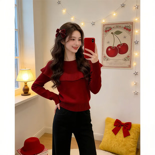 法式高级感红色斗篷披风长袖一字肩针织衫女秋冬新款宽松显瘦上衣