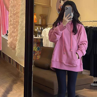 欧货粉红色卫衣女2025新款爆款时尚洋气春秋款遮屁股宽松连帽上衣