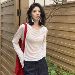 罩衫 一字领白色长袖 防晒清纯系掐腰度假T恤 法式 2025夏季