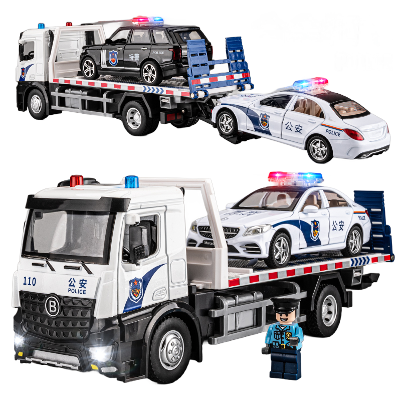 警车拖车大号合金玩具车
