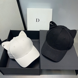 可爱猫耳朵硬顶遮阳棒球帽子女太阳帽夏季 百搭减龄铁环防晒鸭舌帽