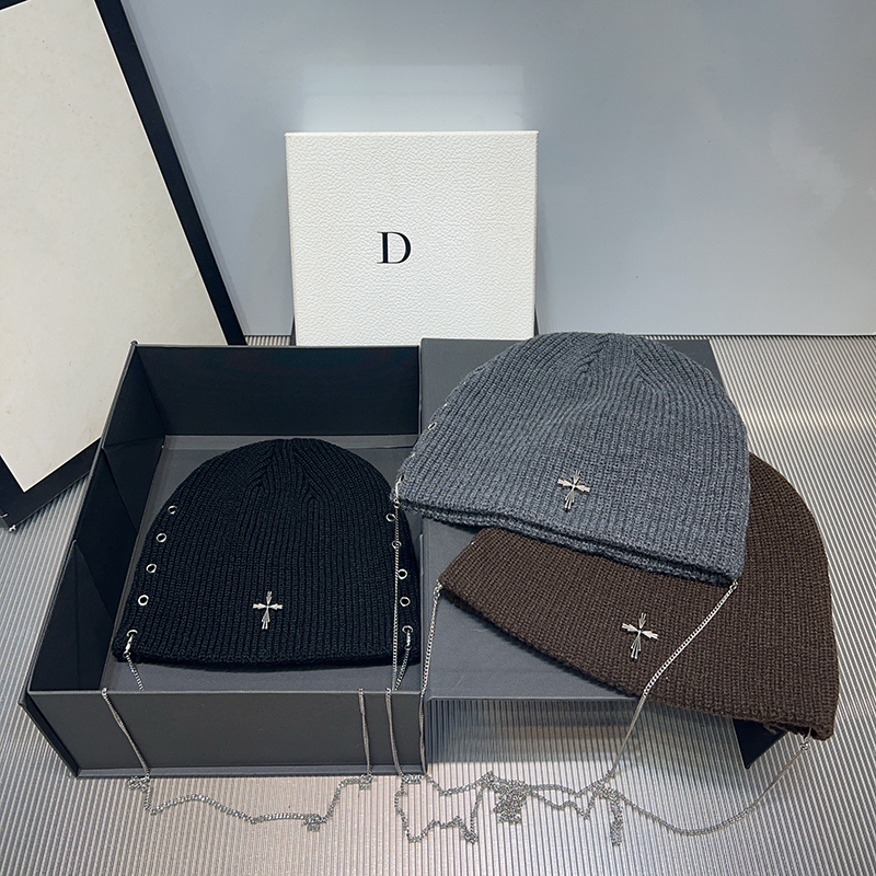 针织帽男女秋冬新款毛线帽保暖大头围十字架链条百搭包头护耳冷帽