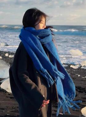 东北哈尔滨雪乡显白蓝色围巾女冬季长白山拍照保暖马海毛围脖男潮