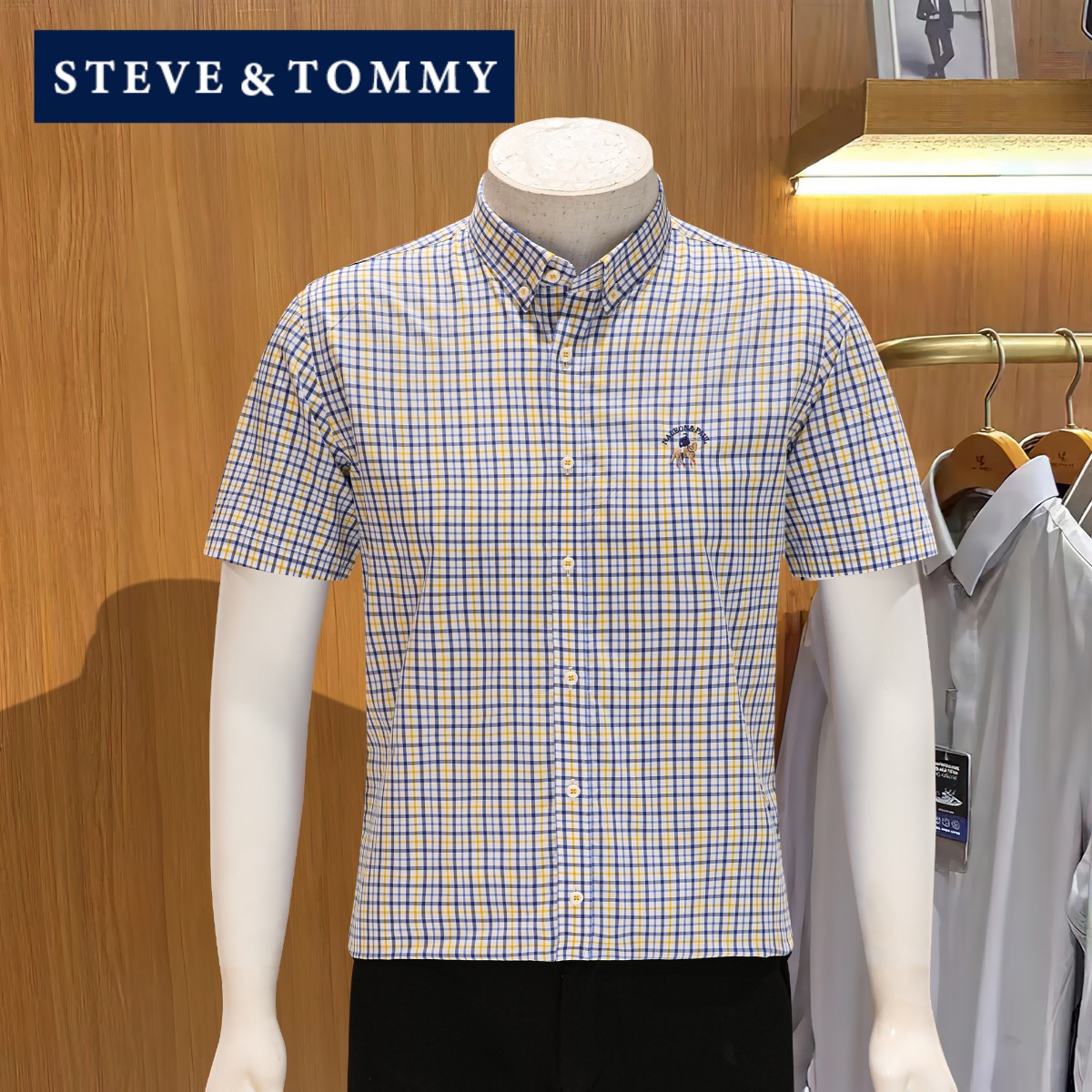 STEVE TOMMY史蒂夫汤米商务纯棉短袖衬衫男夏季薄款休闲格子衬衣