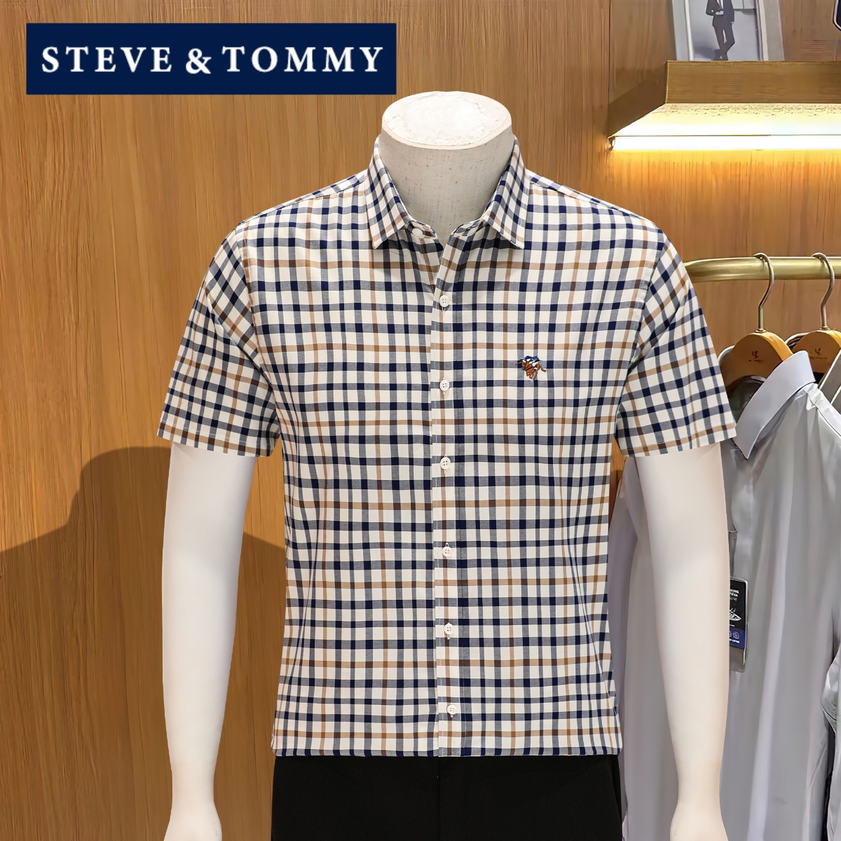 STEVE TOMMY史蒂夫汤米格子短袖衬衫男夏季薄款商务休闲纯棉衬衣