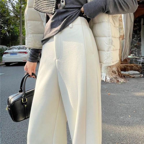 白色羊毛呢阔腿裤女春秋