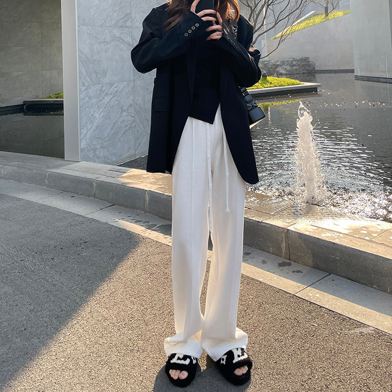 春秋季新款白色针织直筒阔腿裤女休闲慵懒拖地裤垂坠显瘦百搭长裤