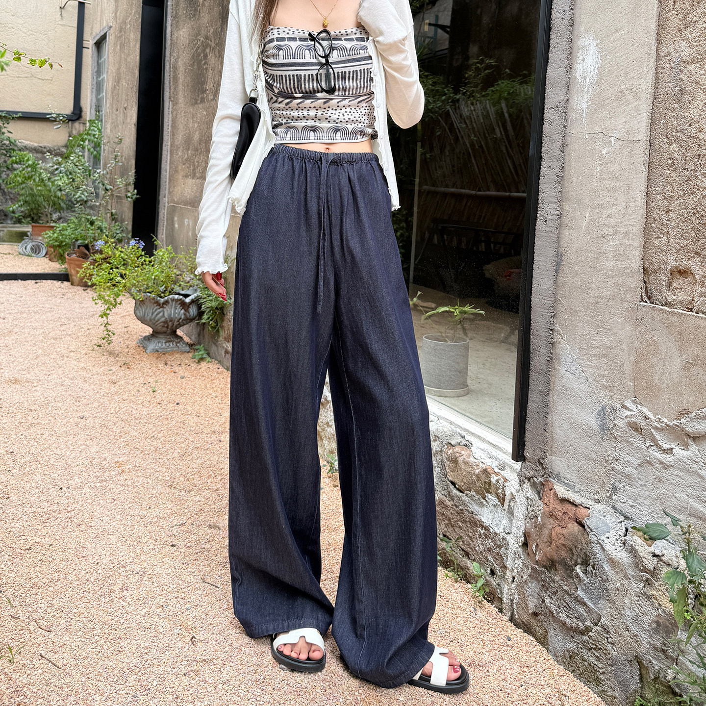 天丝亚麻牛仔阔腿裤女2025春秋新款高腰显瘦老钱风休闲百搭长裤夏