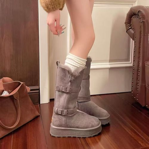 第一佳人女鞋中长筒雪地靴外翻两穿厚底时尚百搭舒适潮鞋增高保暖