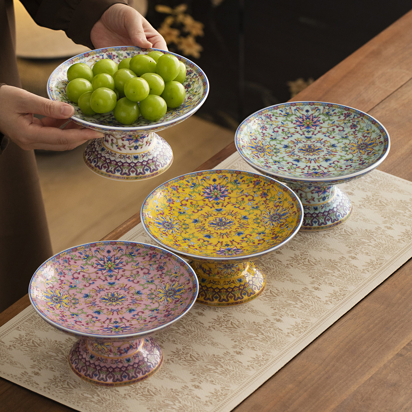蕴华堂珐琅彩高脚果盘家用水果盘客厅下午茶零食盘茶点盘坚果盘,餐饮具,果盆/果盘/果篮,淘宝优惠券,粉丝福利购,淘宝优惠卷
