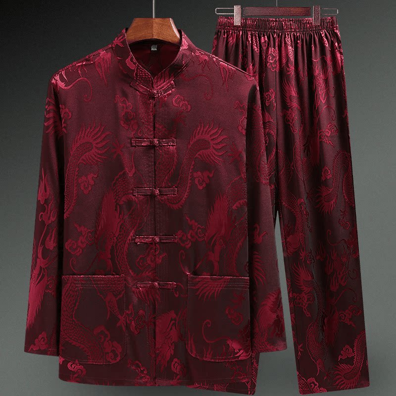 皮尔卡丹中老年人唐装男士夏季长袖中国风休闲套装休闲丝绸爸爸装