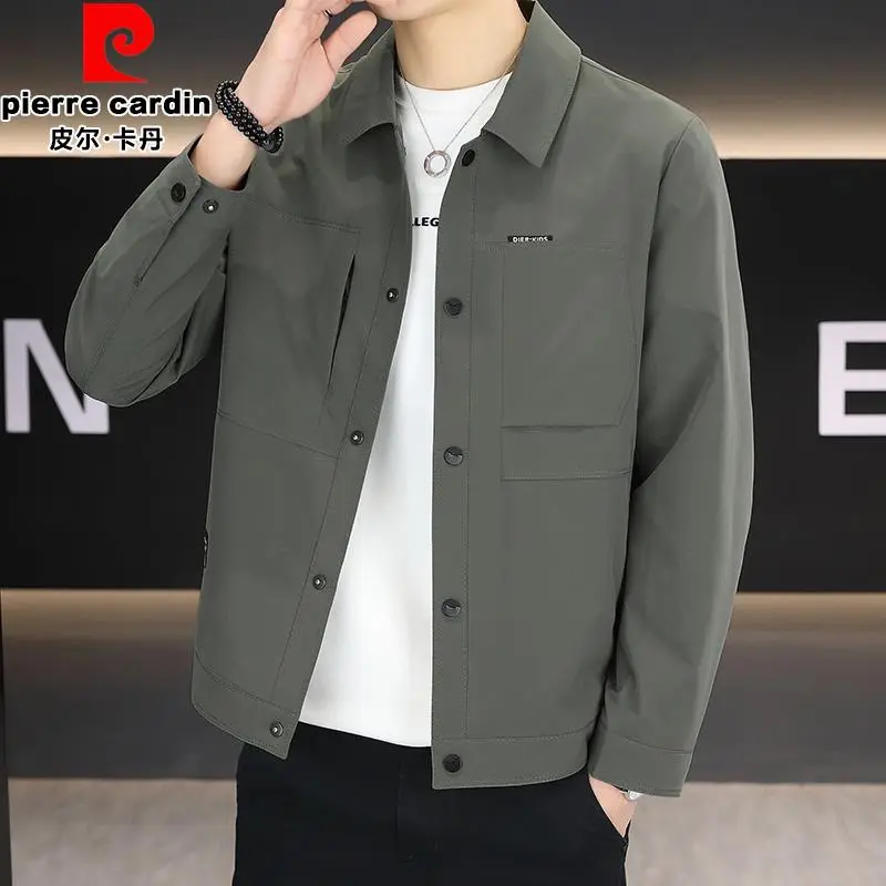 皮尔卡丹春季新款翻领男士夹克衫中青年时尚百搭纽扣单件外套男装