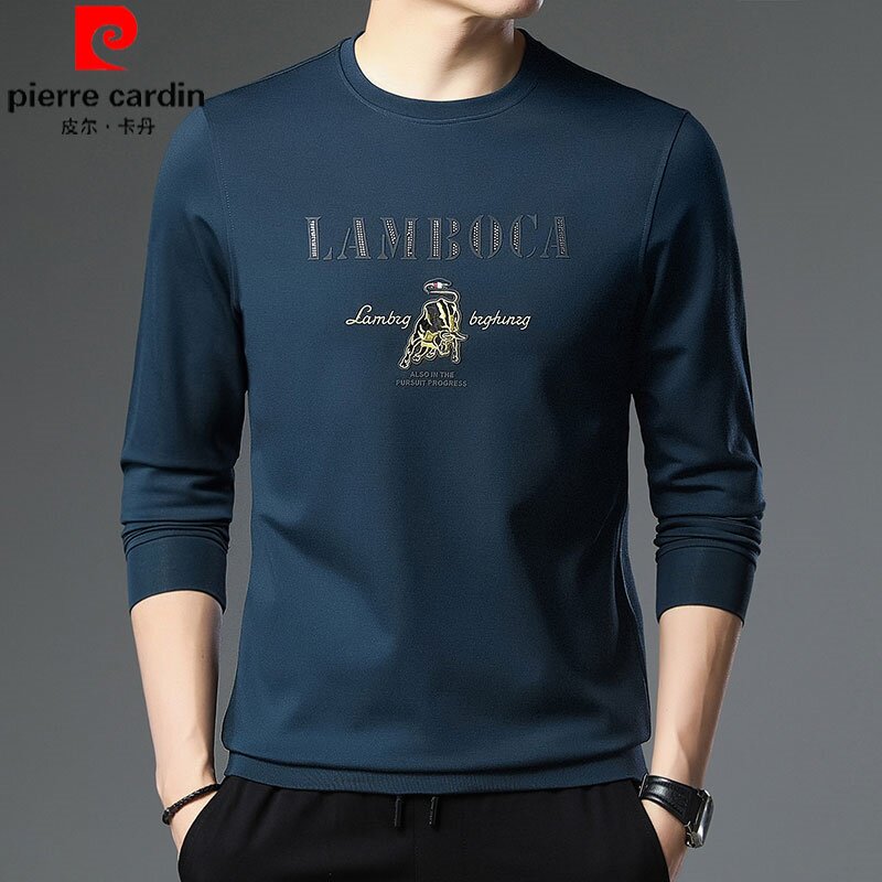 皮尔卡丹纯棉长袖t恤男士春秋季圆领中年男装宽松大码打底体恤衫