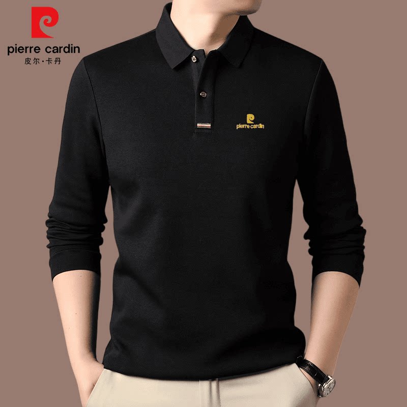 皮尔卡丹男士纯棉长袖T恤春秋季休闲商务翻领polo衫高端品牌男装