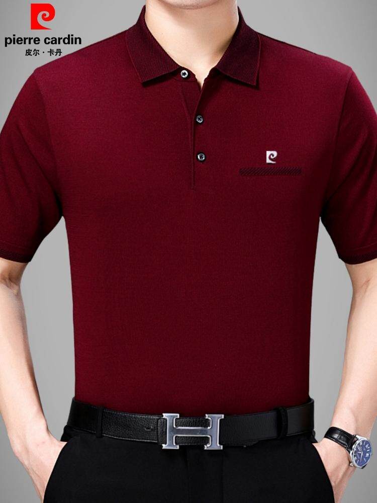 皮尔卡丹 爸爸装男中年桑蚕丝宽松男士短袖t恤薄款翻领polo衫上衣