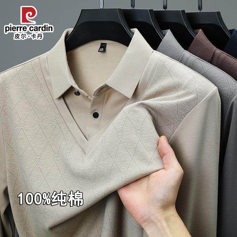 皮尔卡丹春秋2025纯棉假两件男士卫衣中年长袖T恤衫翻领宽松上衣