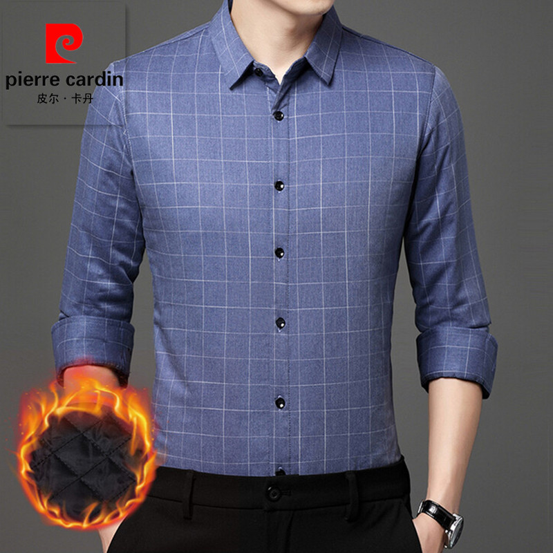 皮尔卡丹冬季竹纤维加棉内胆长袖衬衫男士中年爸爸装加厚保暖衬衣