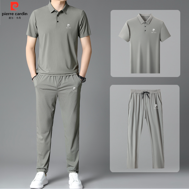 皮尔卡丹2023夏季男士休闲运动套装中年翻领透气高档时尚大码男装