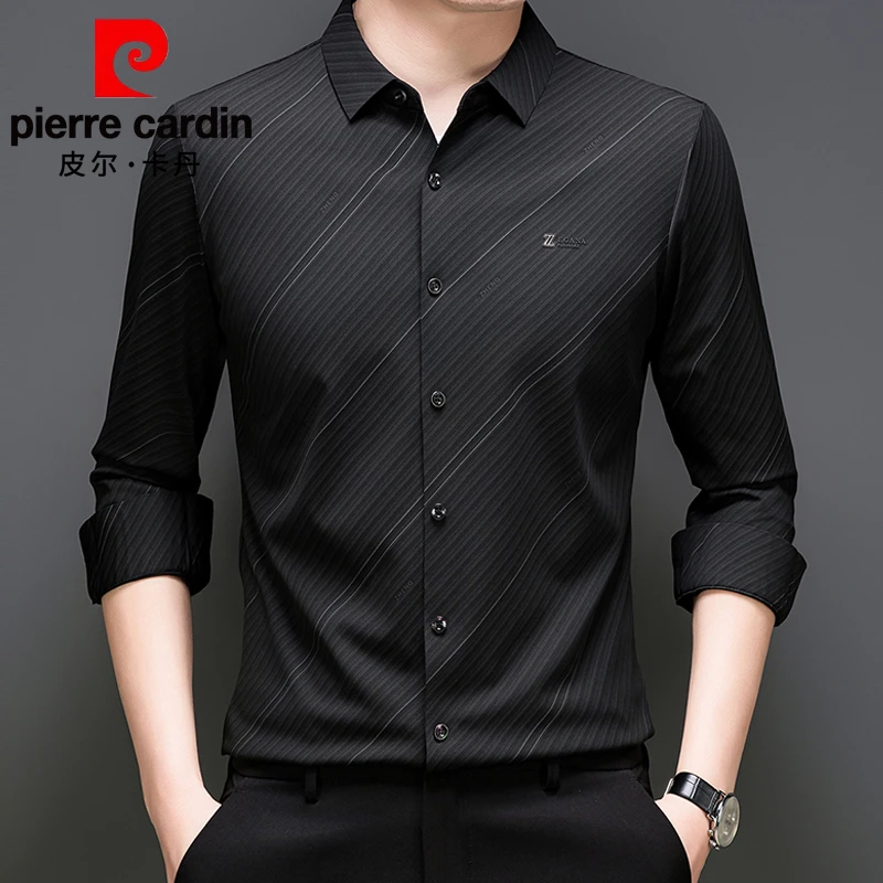 皮尔卡丹长袖衬衫男士夏季新款抗皱免烫无痕冰丝透气条纹高档衬衣