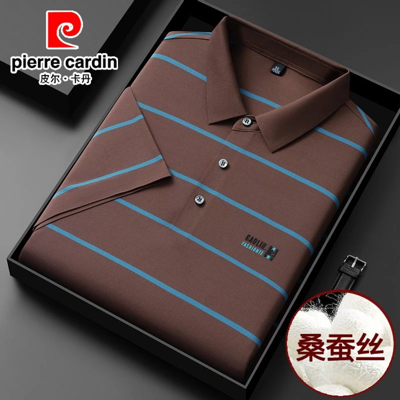 皮尔卡丹桑蚕丝短袖t恤男士真丝夏季新款条纹半袖翻领polo衫卫衣.
