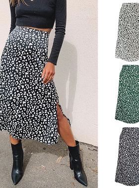 Women's leopard print chiffon split skirt sexy zipper high
