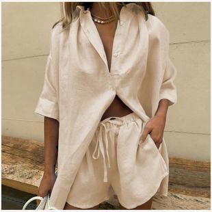 breasted short piece set two single shirt Women sleeved