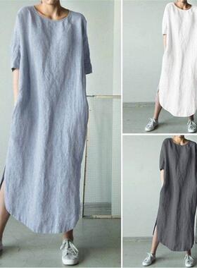 Round neck half sleeve side slit mid calf dress for women