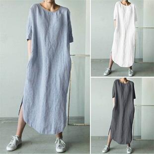 Round neck half sleeve side slit mid calf dress for women