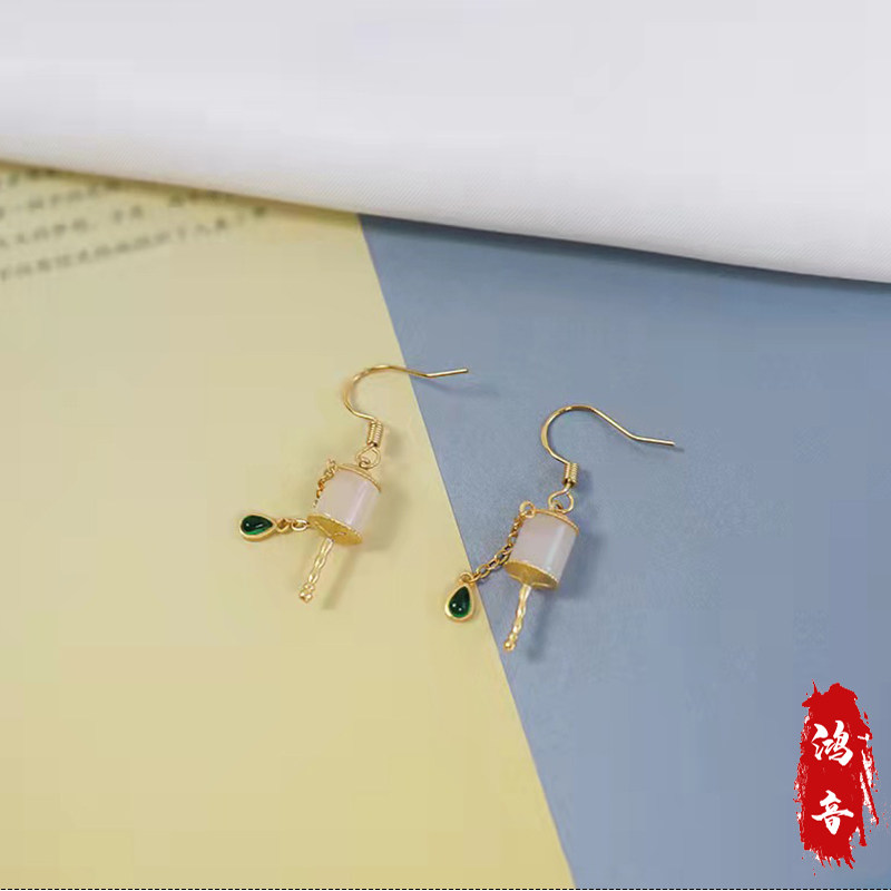 鸿音原创设计和田玉殿耳环经纶耳坠S925银流苏耳饰复古风宫廷旗袍
