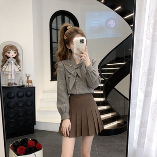 韩系氛围感撞色套装女2026春季新款休闲时尚格子上衣百褶裙两件套